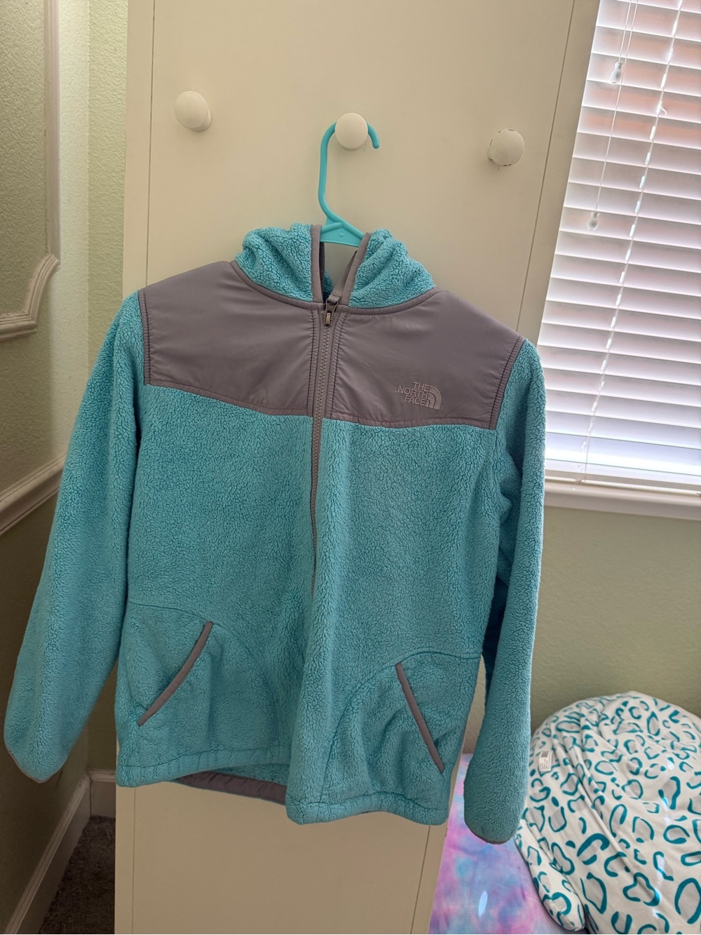The North Face Aqua Blue Hooded Fleece Jacket with Gray Yoke